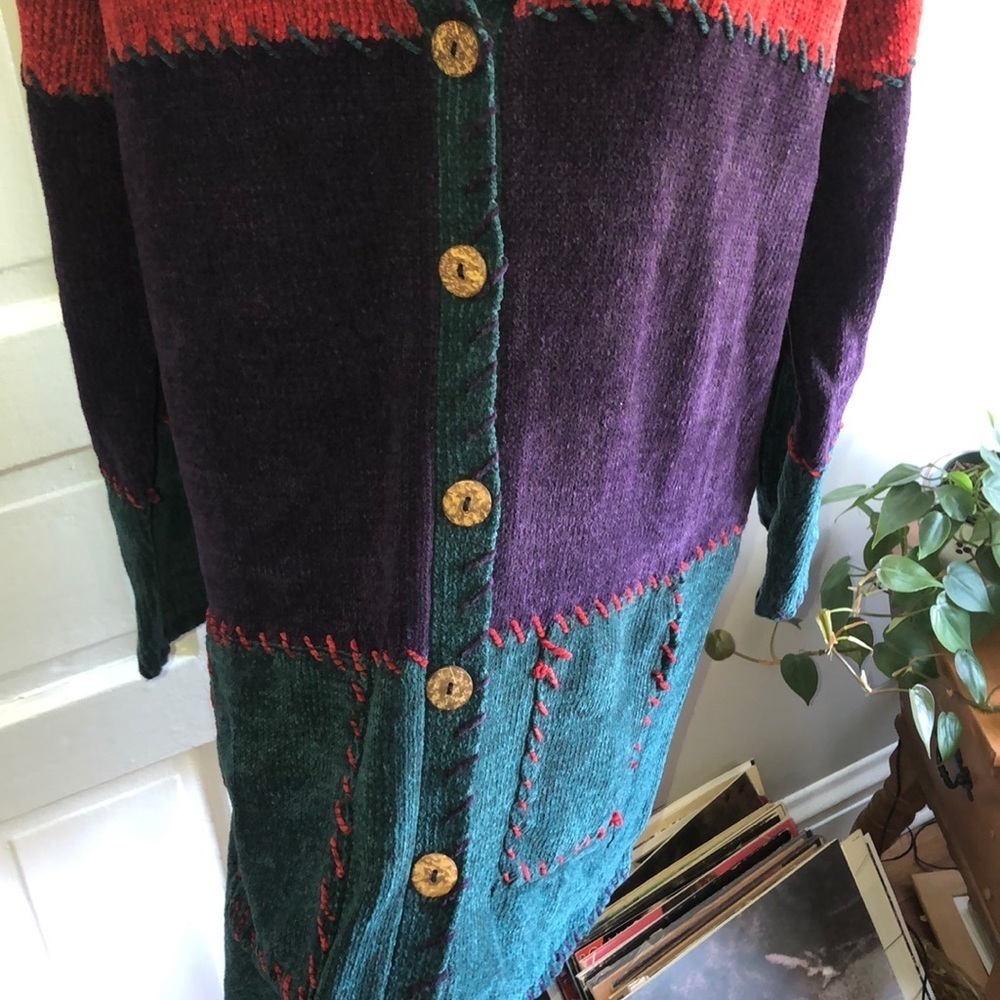 Vintage 90s Studio Works Patchwork Stitch Longline Chenille Knit Cardigan - Picture 6 of 10